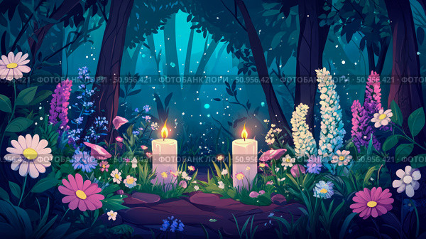 An enchanting, luminescent forest clearing at dusk, adorned with vibrant blossoms and two softly glowing candles, creating a mystical aura for reflection. Стоковое AI-изображение, AI-художник Данила Большаков / Фотобанк Лори