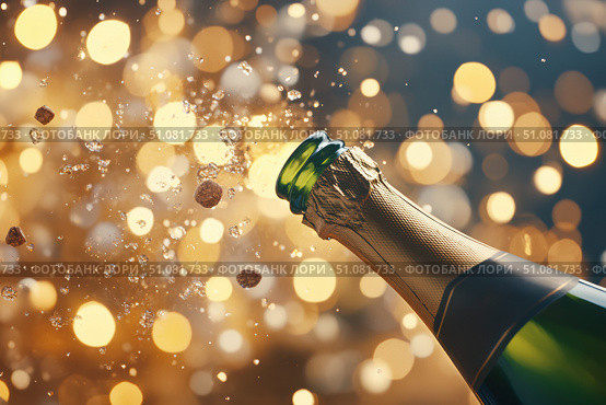 An energetic champagne bottle bursting open sends its cork and bubbles skyward. The scene captures lively festivity and sparkling celebration with effervescent joy and grandeur. Стоковое AI-изображение, AI-художник Nart / Фотобанк Лори