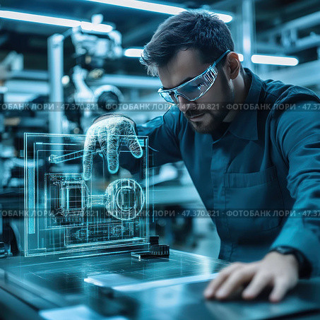 An engineer or technologist wearing safety glasses working with an interactive holographic projection on a table. The man is concentrating on manipulating a 3D hologram representing a technical diagram or drawing of a part. The light in the laboratory is cold, with a blue tone, emphasizing the high-tech atmosphere. The setting is reminiscent of a modern research institute or production facility equipped with robotics and digital solutions. Стоковое AI-изображение, AI-художник Анна Кривицкая / Фотобанк Лори