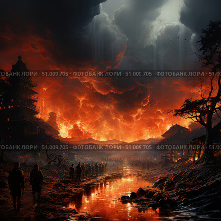 An epic fantasy apocalypse scene depicting a column of people walking through a flaming landscape against a backdrop of raging fire and bright red clouds. Dark clouds loom in the sky, with streams of light streaming from them, creating a contrast between destruction and hope. In the background are silhouettes of oriental architecture and a burning city. The dark atmosphere, reflections in a fiery stream and the tragic nature of the scene make the image a powerful visual symbol of the end, exile and disaster. Ideal for fantasy, war, post-apocalyptic, fate and symbolism themes. Стоковое AI-изображение, AI-художник Анна Кривицкая / Фотобанк Лори