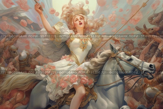 An epic painting scene with a majestic woman on a white horse leading the battle. Her outfit is decorated with flowers and gold details, her face glows with inspiration and triumph. The wind blows light fabrics and rose petals, enhancing the sense of movement and drama. Around is the chaos of battle, warriors, armor and horses. The image combines heroism, beauty and symbolism of feminine power. Perfect for fantasy covers, historical projects, art prints, concept art and visual stories. Стоковое AI-изображение, AI-художник Анна Кривицкая / Фотобанк Лори