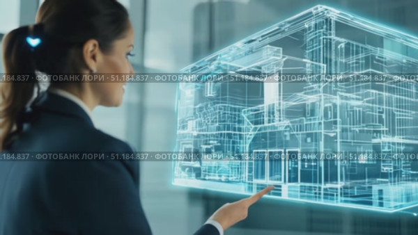 An expert discusses architectural concepts with a holographic model of a modern building in a sleek office environment. Стоковое AI-видео, аниматор Данила Большаков / Фотобанк Лори