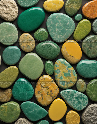 An exquisite display of unakite and epidosite stones showcases a variety of shapes and colors, captivating onlookers at a local artisan market, inviting creativity and inspiration Generative AI. Стоковое AI-изображение, AI-художник Юлия Петровская / Фотобанк Лори