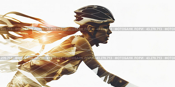 An image of a biker girl on a white background. Double exposure. Copy space. Стоковое AI-изображение, AI-художник Ярославский Максим / Фотобанк Лори