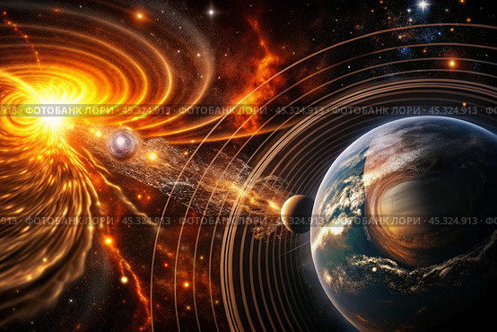 An image of a magnetic storm, a solar flare covering the earth, the sun, the globe. Feeling unwell. Solar radiation. Стоковое AI-изображение, AI-художник Photojuli / Фотобанк Лори