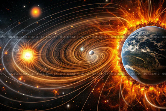 An image of a magnetic storm, a solar flare covering the earth, the sun, the globe. Feeling unwell. Solar radiation. Стоковое AI-изображение, AI-художник Photojuli / Фотобанк Лори