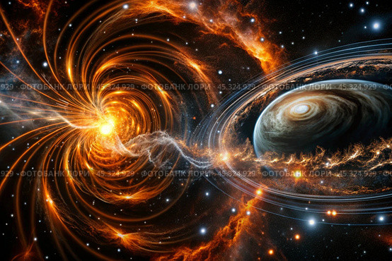 An image of a magnetic storm, a solar flare covering the earth, the sun, the globe. Feeling unwell. Solar radiation. Стоковое AI-изображение, AI-художник Photojuli / Фотобанк Лори