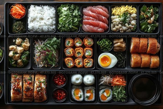 An impressively decorated Asian bento box, divided into many sections with a variety of dishes. The composition includes rolls, sushi, rice, greens, sliced ​​raw fish (sashimi), boiled eggs with soft yolks, fried dishes, pickled vegetables, sauces and side dishes. The color palette is bright and appetizing, conveying the richness of flavors and cultural diversity of Asian cuisine. Everything is neatly laid out and evokes associations with harmony, balance and gastronomic pleasure. Стоковое AI-изображение, AI-художник Анна Кривицкая / Фотобанк Лори