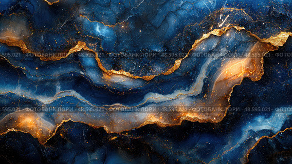 An intricate abstract design showcases flowing blue and gold textures, evoking the beauty of ocean waves with shimmering details throughout. Стоковое AI-изображение, AI-художник Данила Большаков / Фотобанк Лори