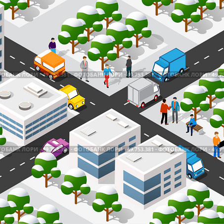 An isometric illustration of a winter city based on three-dimensional projection of houses, buildings, cars, and other design elements. A Christmas 3d house is pictured in the winter forest.. An isometric illustration of a winter city based on three-dimensional. Стоковая иллюстрация, агентство Ingram Publishing / Фотобанк Лори