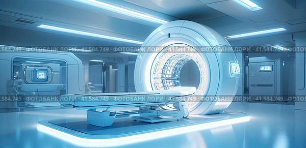 An MRI machine in a futuristic-style hospital. Generated by AI. Стоковое AI-изображение, AI-художник Ярославский Максим / Фотобанк Лори