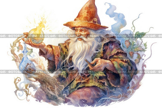 An old sage or wizard with a long white beard and hair, dressed in a traditional costume decorated with leaves and natural elements. On his head he wears a pointed hat, holds a glowing magical artifact in the form of a ball in one hand and a small book or scroll in the other. Around the figure of the wizard are visible fantastic elements such as clouds of smoke and decorative vines, creating an atmosphere of magic and wizardry. Стоковое AI-изображение, AI-художник Анна Кривицкая / Фотобанк Лори