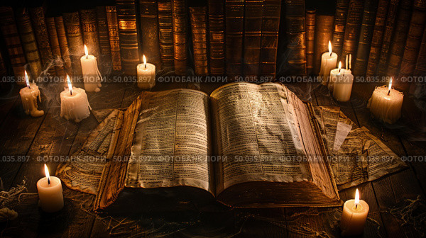 An open book placed in the center of a circle of lit candles, casting a warm glow in a dim room. Стоковое AI-изображение, AI-художник Данила Большаков / Фотобанк Лори