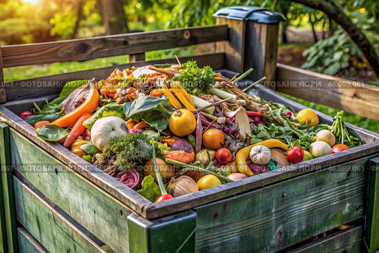 An open compost container with peels and fruit and vegetable clippings. Organic waste in a garden composter. Eco-friendly gardening, sustainability, ecology. Стоковое AI-изображение, AI-художник Photojuli / Фотобанк Лори