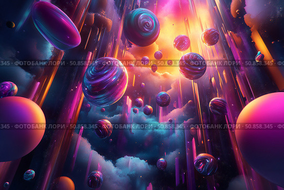 An otherworldly vista featuring levitating polyhedral forms, vibrant neon hues, and swirling abstract patterns, radiating an ethereal glow , created by ai. Стоковое AI-изображение, AI-художник Виталий Сова / Фотобанк Лори