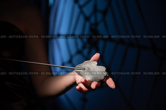 An unrecognizable woman demonstrates an elegant thin leather strip whip in a dark bedroom. Close-up of female hands with a bdsm toy. Pain and pleasure.Adult toy for slaps. Стоковое фото, фотограф Михаил Решетников / Фотобанк Лори