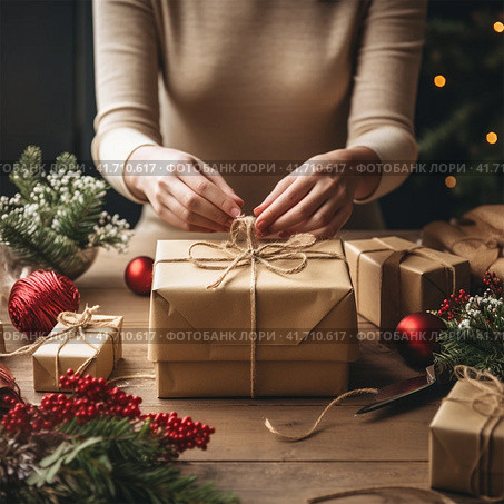 An unrecognizable woman wraps Christmas gifts in craft paper. Стоковое AI-изображение, AI-художник Margarita Davchenko / Фотобанк Лори