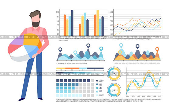 Analysis of data, visualized information vector. Schema and explanation, man with pie diagram and colored segments, graphics and infocharts info set. Businessman Holding Pie Diagram, Infocharts Set. Стоковая иллюстрация, агентство Ingram Publishing / Фотобанк Лори
