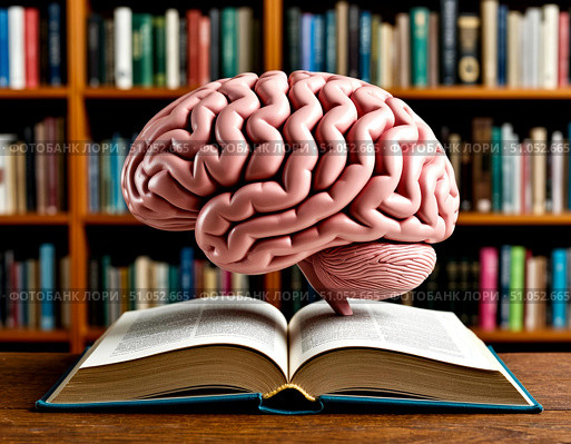 Анатомическая модель человеческого мозга, стоящая на книге в библиотеке. Концепция идеи. Стоковое AI-изображение, AI-художник Руслан Лесков / Фотобанк Лори