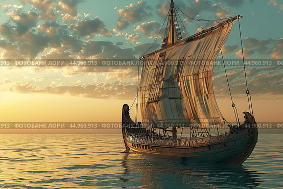 Ancient greek merchant ship sailing at sunset on calm sea. Стоковое AI-изображение, AI-художник Иван Рябоконь / Фотобанк Лори