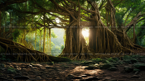 ancient rooted tree ai generated. Стоковое AI-изображение, AI-художник Vectorwin / Фотобанк Лори