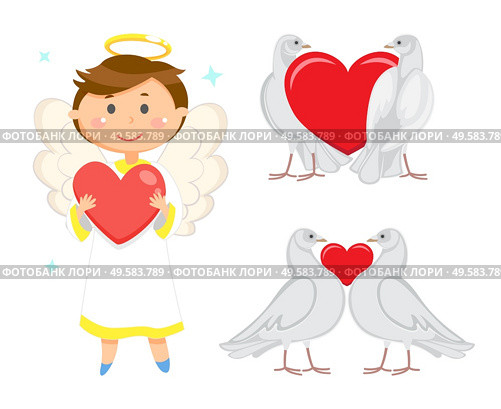 Angelic child vector, male wearing long robe holding heart in hands. Valentines day celebration and greeting. Doves in love, birds purity and devotion. Angel Boy with Wings and Halo Holding Red Heart. Стоковая иллюстрация, агентство Ingram Publishing / Фотобанк Лори