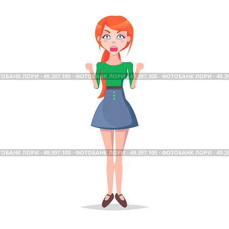 Angry screaming woman with wide open mouth isolated on white. Annoyed redhead girl avatar userpic in flat style design. Vector illustration of cranky human emotion in green blouse and blue skirt. Angry Screaming Woman with Wide Open Mouth Vector. Стоковая иллюстрация, агентство Ingram Publishing / Фотобанк Лори
