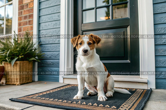 Animal care. The puppy sits patiently at the front door, looking forward to his master and walking with him. Стоковое AI-изображение, AI-художник Photojuli / Фотобанк Лори