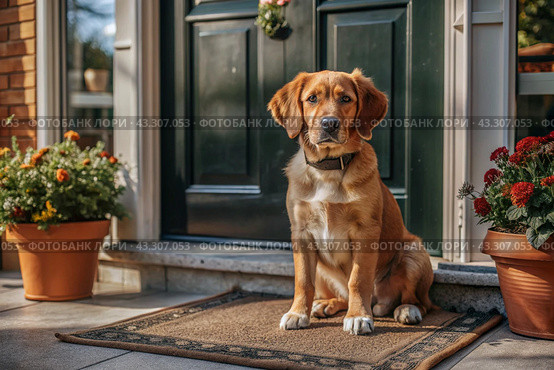 Animal care. The puppy sits patiently at the front door, looking forward to his master and walking with him. Стоковое AI-изображение, AI-художник Photojuli / Фотобанк Лори