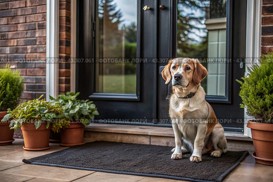 Animal care. The puppy sits patiently at the front door, looking forward to his master and walking with him. Стоковое AI-изображение, AI-художник Photojuli / Фотобанк Лори