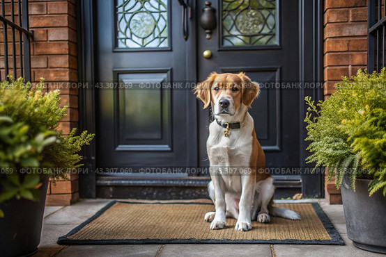 Animal care. The puppy sits patiently at the front door, looking forward to his master and walking with him. Стоковое AI-изображение, AI-художник Photojuli / Фотобанк Лори