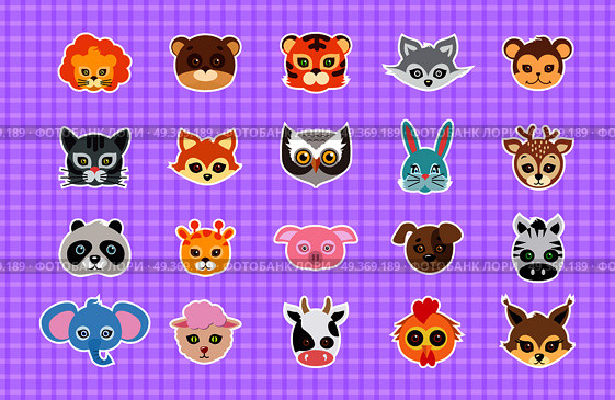 Animal Carnival. Collection of Cartoon Masks.. Animal carnival set of animal masks in cartoon style. Colourful decorations on background. Vector illustration of masques for festivals and children holidays. Dress code for kids in flat style design. Стоковая иллюстрация, агентство Ingram Publishing / Фотобанк Лори