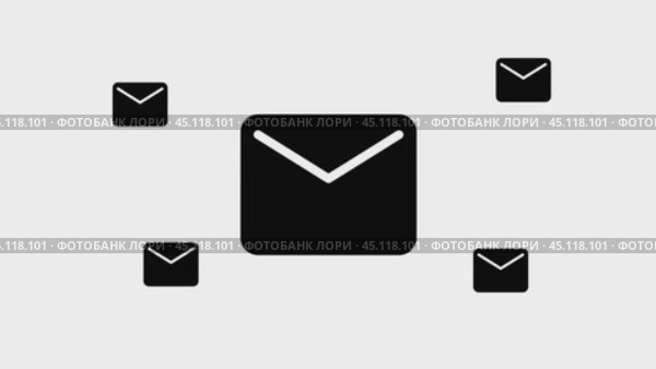 Анимация увеличения и уменьшения изображения символа электронной почты. Большой черный символ в центре и четыре маленьких символа вокруг. Плавная закольцованная анимация в формате 4k на белом фоне. Стоковое видео, видеограф Карпенко Алексей / Фотобанк Лори