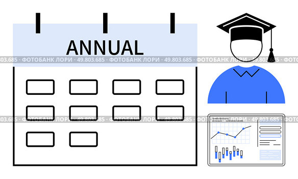 Annual calendar, academic figure in graduation cap, and financial report. Ideal for educational planning, business forecasting, financial reviews, event scheduling, academic calendars, student. Annual Calendar, Educator, and Financial Report Highlighting Academic and Business Planning. Стоковая иллюстрация, агентство Ingram Publishing / Фотобанк Лори