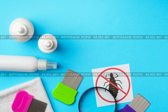 Anti lice equipment on blue background top view. Стоковое фото, фотограф Сергей Толмачёв / Фотобанк Лори