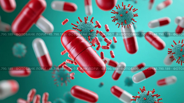 Antibiotic pills surrounded by resilient bacteria, Healthcare dilemma, Visual representation of antibiotic resistance crisis. Стоковое AI-изображение, AI-художник Anastasy Yarmolovich / Фотобанк Лори