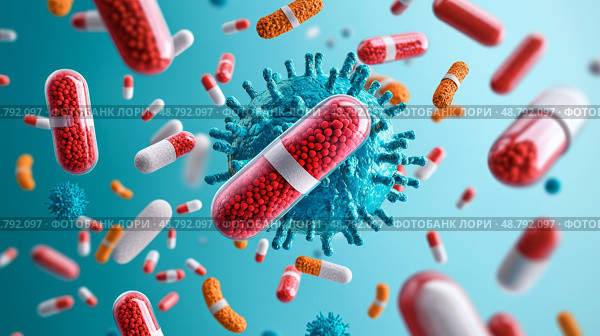 Antibiotic pills surrounded by resilient bacteria, Healthcare dilemma, Visual representation of antibiotic resistance crisis. Стоковое AI-изображение, AI-художник Anastasy Yarmolovich / Фотобанк Лори