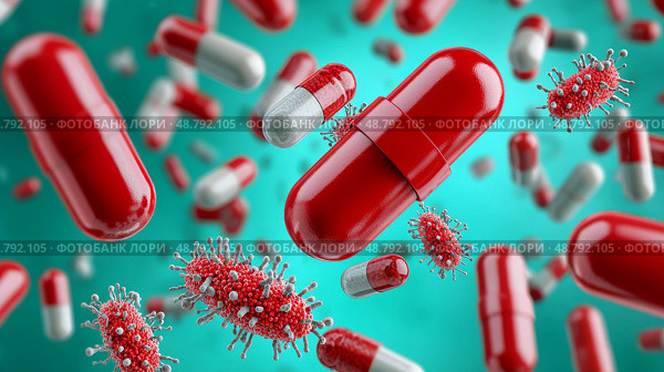 Antibiotic pills surrounded by resilient bacteria, Healthcare dilemma, Visual representation of antibiotic resistance crisis. Стоковое AI-изображение, AI-художник Anastasy Yarmolovich / Фотобанк Лори