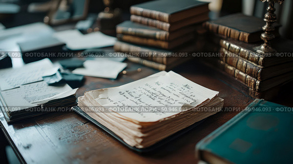 Antique study with aged manuscripts and classic literature showcasing historical research and scholarly pursuit in a vintage ambiance. Стоковое AI-изображение, AI-художник Данила Большаков / Фотобанк Лори
