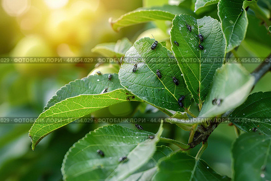 Ants and Aphids. Insect pests. Little black aphid Colony on a green leaf. Lice pest infestation. Aphids on the stem and leaves of a plant. Hemiptera, Caterpillar eating leaf. Garden Parasite Macro. Стоковое AI-изображение, AI-художник Марина Демидюк / Фотобанк Лори