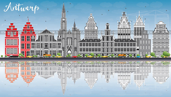 Antwerp Skyline with Gray Buildings, Blue Sky and Reflections. Стоковая иллюстрация, иллюстратор Игорь Сорокин / Фотобанк Лори