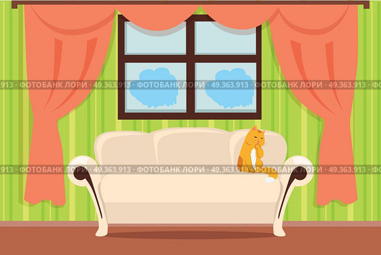 Apartment interior concept vector. Flat style. Room view with cat on sofa and curtains on window. Home cosiness, and comfort living place. illustration for real estate, interior design company ad. Apartment Interior Concept Vector In Flat Design. Apartment Interior Concept Vector In Flat Design. Стоковая иллюстрация, агентство Ingram Publishing / Фотобанк Лори
