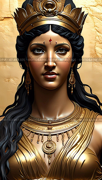 Aphrodite stands elegantly, showcasing her divine beauty and power. Intricate golden adornments enhance her enchanting presence against a warm, golden backdrop Generative AI. Стоковое AI-изображение, AI-художник Юлия Петровская / Фотобанк Лори