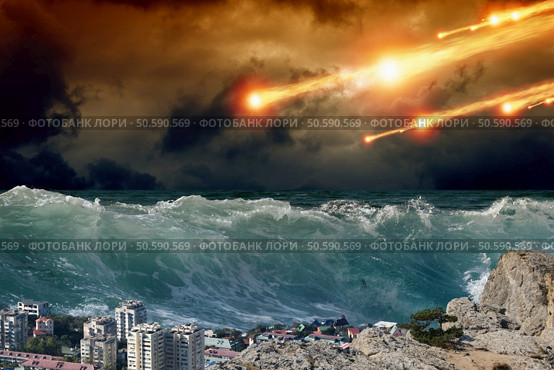 Apocalyptic background - giant tsunami waves, small coastal town, city, asteroid impact. Стоковое фото, агентство Ingram Publishing / Фотобанк Лори