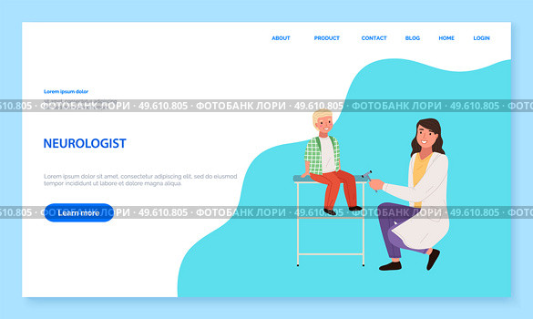 App for communication with healthcare professionals. Website for consultation with a neurologist. Program landing page template. Female neuropathologist examining child with a reflex hammer. App for communication with healthcare professionals. Website for consultation with a neurologist. Стоковая иллюстрация, агентство Ingram Publishing / Фотобанк Лори