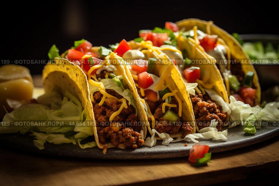 Appetizing Taco food closeup. Generate Ai. Стоковое AI-изображение, AI-художник Иван Рябоконь / Фотобанк Лори