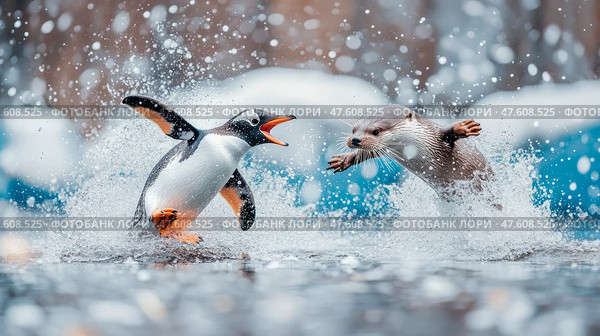Aquatic Adventure: Penguin & Otter Plunge into Splashy Fun. Стоковое AI-изображение, AI-художник Данила Большаков / Фотобанк Лори