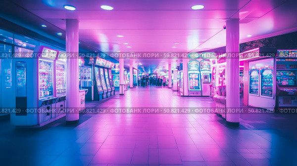 Arcade Alley in Synthwave Hues: A Neon Dreamscape of Retro Gaming and Future Echoes. Стоковое AI-изображение, AI-художник Данила Большаков / Фотобанк Лори