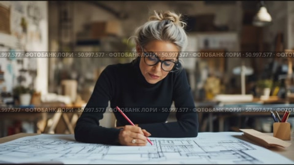 Architect works diligently in design studio creating detailed blueprints for modern building projects. Стоковое AI-видео, аниматор Сергей Толмачёв / Фотобанк Лори