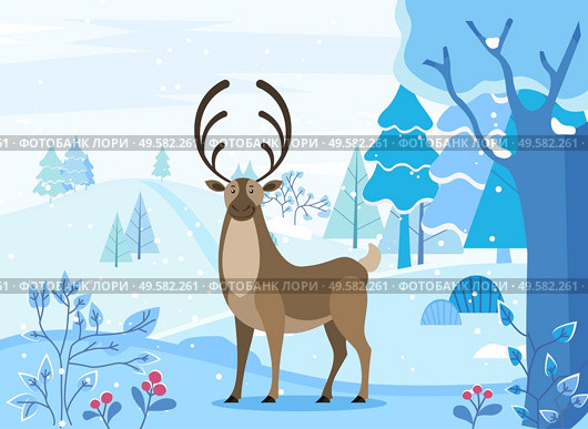 Arctic reindeer character standing on snowy landscape with fir-tree and blossom. Christmas card with deer in spruce forest in winter season. Wild animal with antlers walking near frost trees vector. Deer Walking in Snowy Forest Arctic Land Vector. Стоковая иллюстрация, агентство Ingram Publishing / Фотобанк Лори
